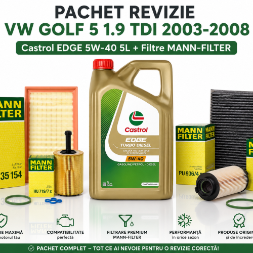 Pachet Revizie VW Golf 5 1.9 TDI 2003-2008 – Castrol EDGE Turbo Diesel 5W40 5L + Filtre MANN Complete