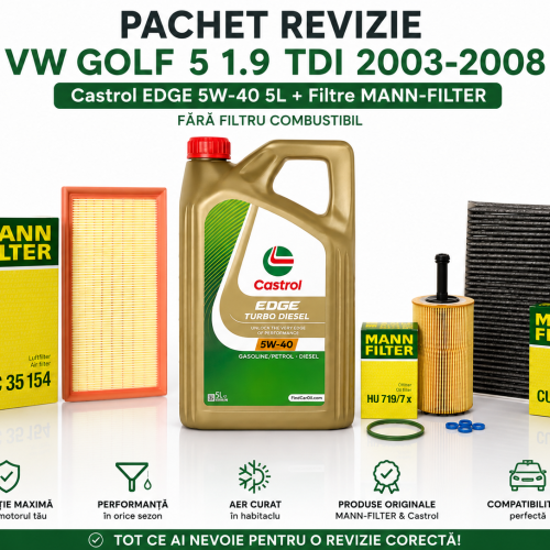 Pachet Revizie VW Golf 5 1.9 TDI 2003-2008 – Castrol EDGE Turbo Diesel 5W40 5L + Filtre MANN
