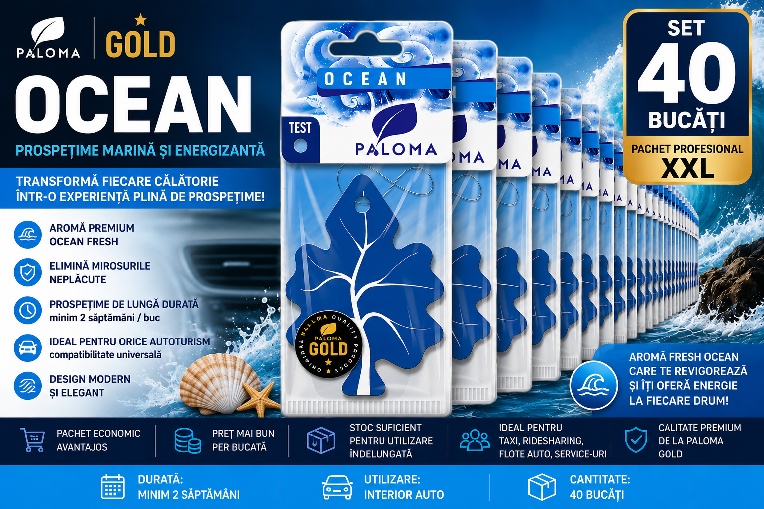 Set 40 Odorizante Auto Paloma Gold Ocean – Pachet Profesional XXL cu Aromă Fresh Ocean și Prospețime Marină