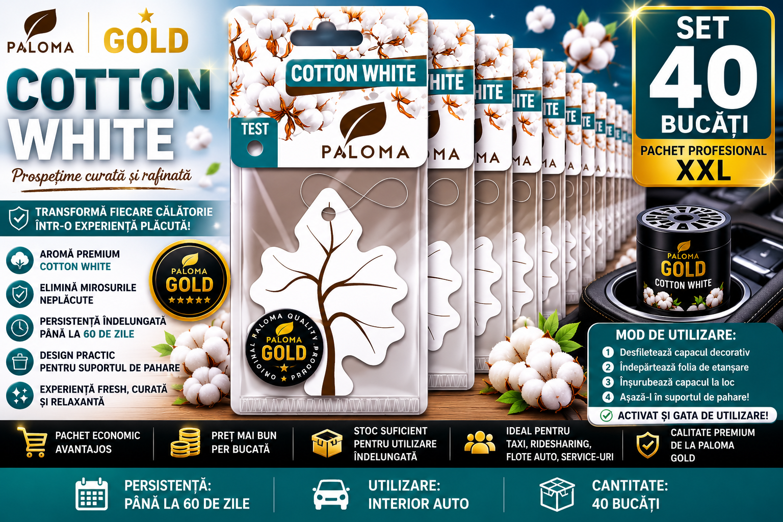 Set 40 Odorizante Auto Paloma Gold Cotton White – Pachet Profesional XXL cu Aromă Fresh de Bumbac și Prospețime de Lungă Durată