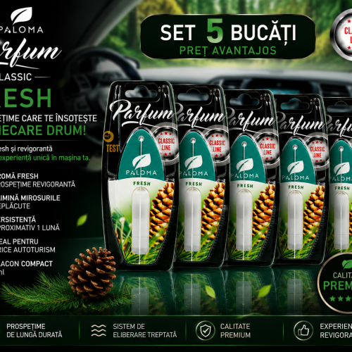 Set 5 Odorizante Auto Paloma Parfum Fresh 5ml – Pachet Premium cu Aromă Fresh Revitalizantă și Persistență Îndelungată