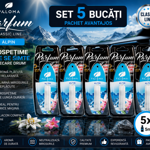 Set 5 Odorizante Auto Paloma Parfum Alpin 5ml – Pachet Premium cu Aromă Fresh Montană și Persistență Îndelungată