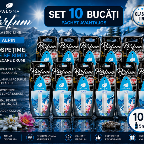 Set 10 Odorizante Auto Paloma Parfum Alpin 5ml – Pachet Premium cu Aromă Fresh Montană și Persistență Îndelungată
