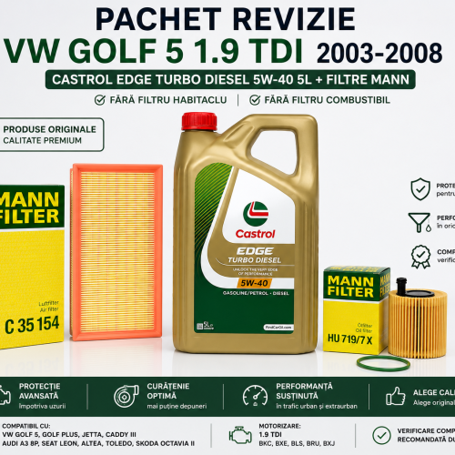 Pachet Revizie VW Golf 5 1.9 TDI – Castrol 5W40 + Filtre MANN