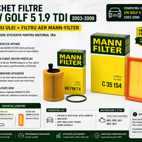 Pachet Filtre VW Golf 5 1.9 TDI – Filtru Ulei + Filtru Aer MANN