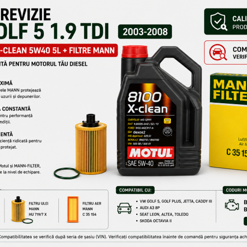 Pachet Revizie VW Golf 5 1.9 TDI – Motul 5W40 + Filtru Ulei și Aer MANN