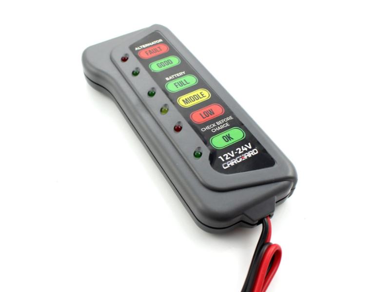 Tester Baterie și Alternator Auto CarGuard 12V/24V cu Indicatori LED – Tester Tensiune pentru Acumulator și Sistem Încărcare