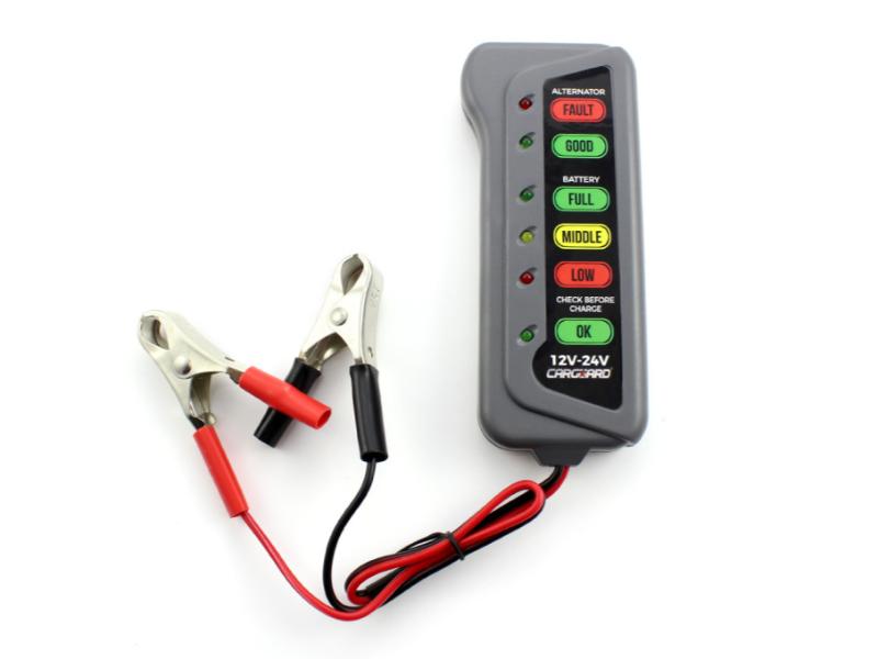Tester Baterie și Alternator Auto CarGuard 12V/24V cu Indicatori LED – Tester Tensiune pentru Acumulator și Sistem Încărcare