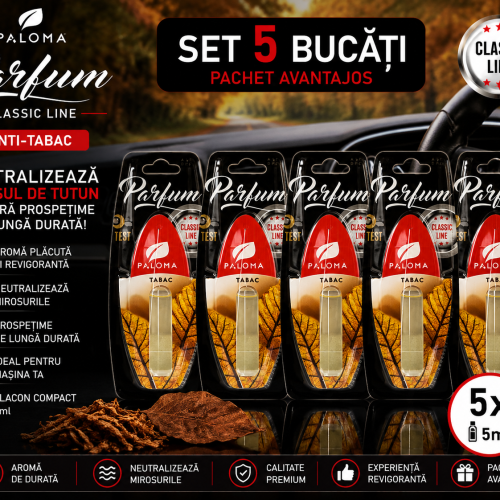 Set 5 Odorizante Auto Paloma Parfum Anti-Tabac 5ml – Neutralizare Miros Tutun, Parfum Fresh și Persistență Îndelungată