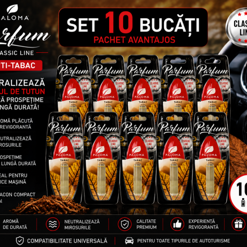Set 10 Odorizante Auto Paloma Parfum Anti-Tabac 5ml – Neutralizare Miros Tutun și Prospețime de Lungă Durată