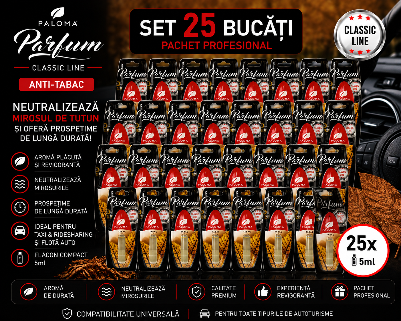 Set 25 Odorizante Auto Paloma Parfum Anti-Tabac 5ml – Pachet Profesional pentru Neutralizarea Mirosului de Tutun și Prospețime de Lungă Durată