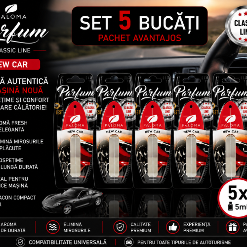 Set 5 Odorizante Auto Paloma Parfum New Car 5ml – Aromă Autentică de Mașină Nouă și Prospețime de Lungă Durată