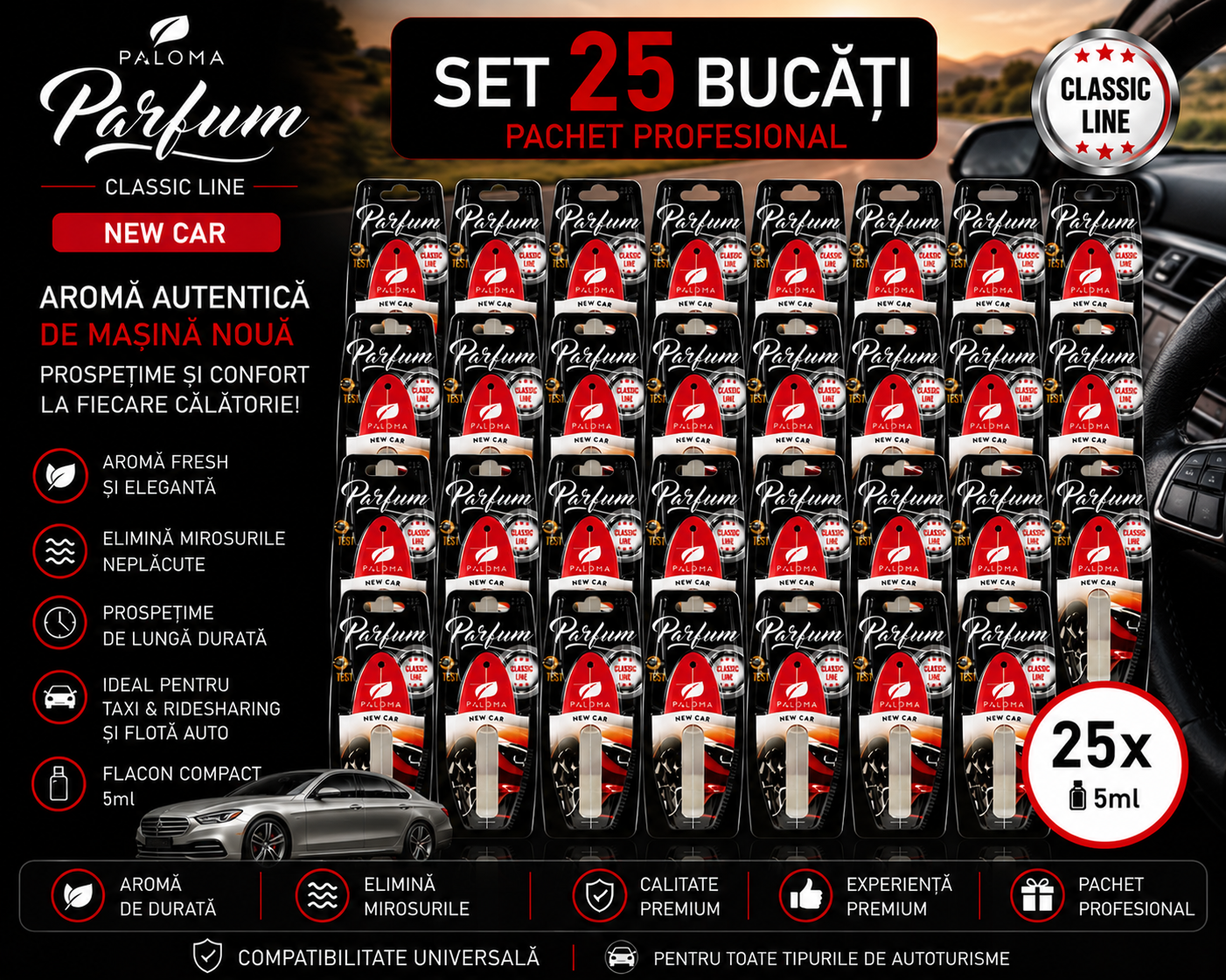 Set 25 Odorizante Auto Paloma Parfum New Car 5ml – Pachet Profesional cu Aromă de Mașină Nouă și Persistență Îndelungată.