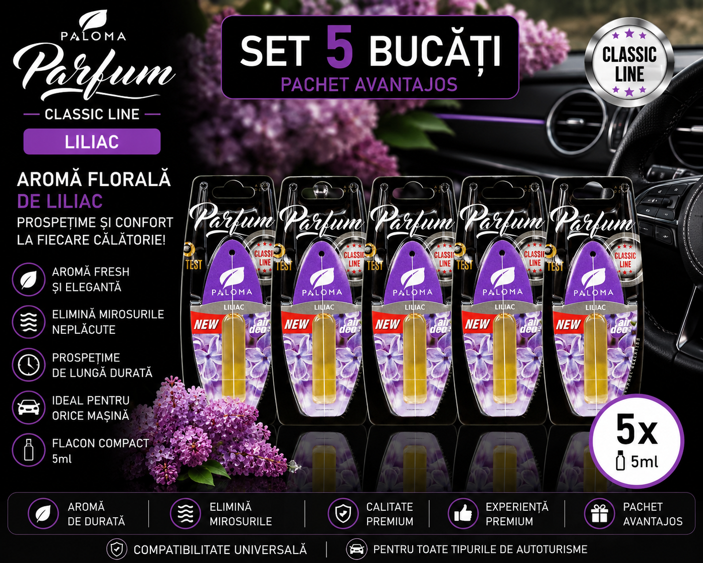 Set 5 Odorizante Auto Paloma Parfum Liliac 5ml – Aromă Florală Elegantă și Prospețime de Lungă Durată