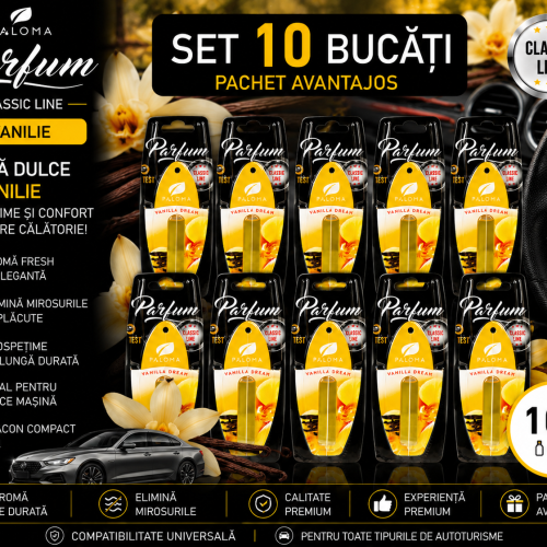 Set 10 Odorizante Auto Paloma Parfum Vanilie 5ml – Aromă Dulce de Vanilie și Prospețime de Lungă Durată