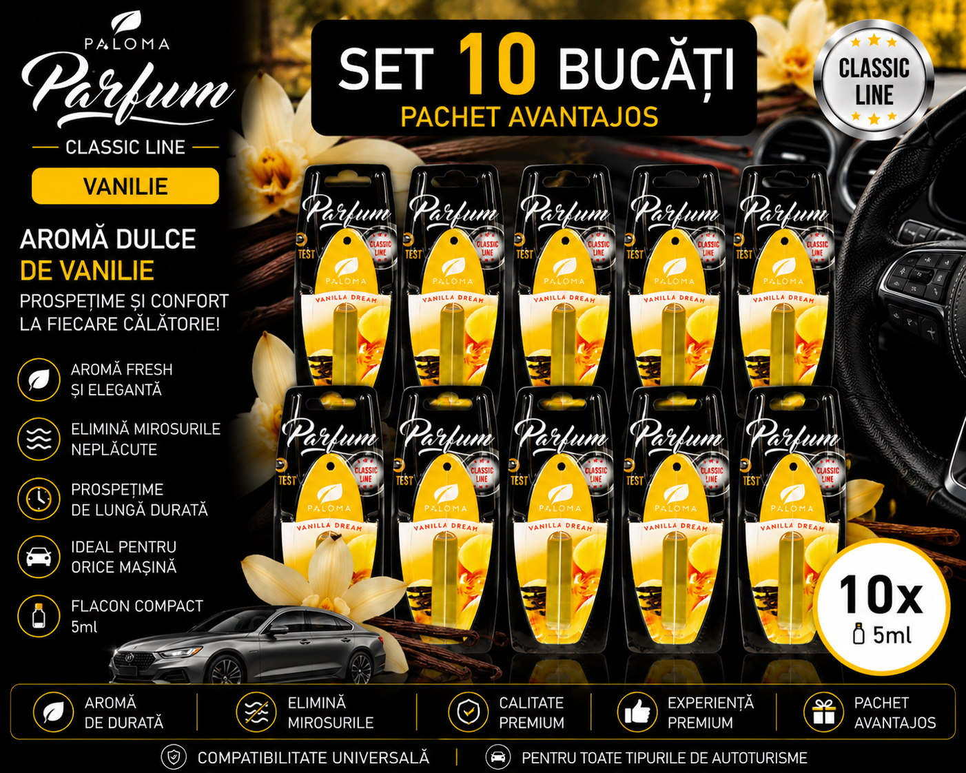 Set 10 Odorizante Auto Paloma Parfum Vanilie 5ml – Aromă Dulce de Vanilie și Prospețime de Lungă Durată