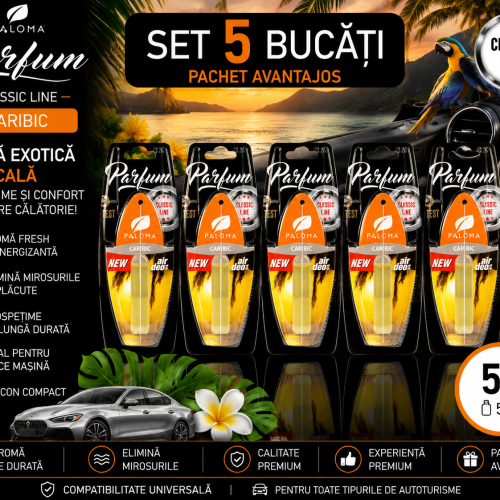Set 5 Odorizante Auto Paloma Parfum Caribic 5ml – Aromă Exotică Tropicală și Prospețime de Lungă Durată