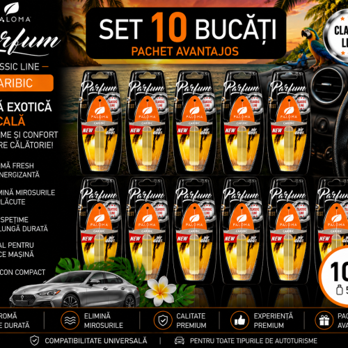 Set 10 Odorizante Auto Paloma Parfum Caribic 5ml – Aromă Exotică Tropicală și Prospețime de Lungă Durată
