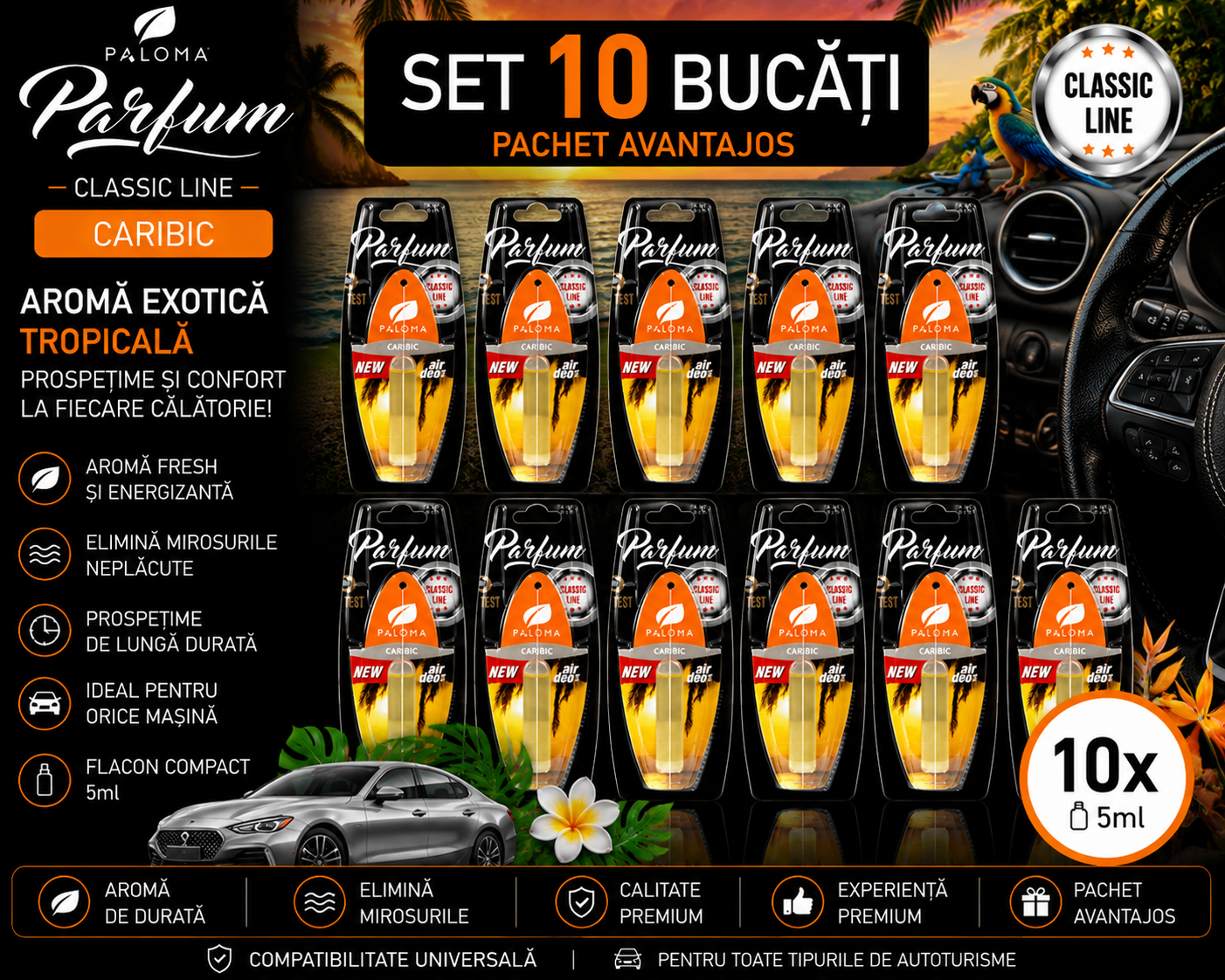 Set 10 Odorizante Auto Paloma Parfum Caribic 5ml – Aromă Exotică Tropicală și Prospețime de Lungă Durată